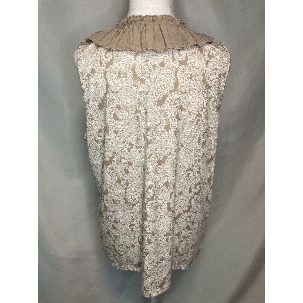 Womens L Sleeveless Tunic Beige Ruffle V-Neck Paisley Blouse Top Granny Cottage - Picture 4 of 9